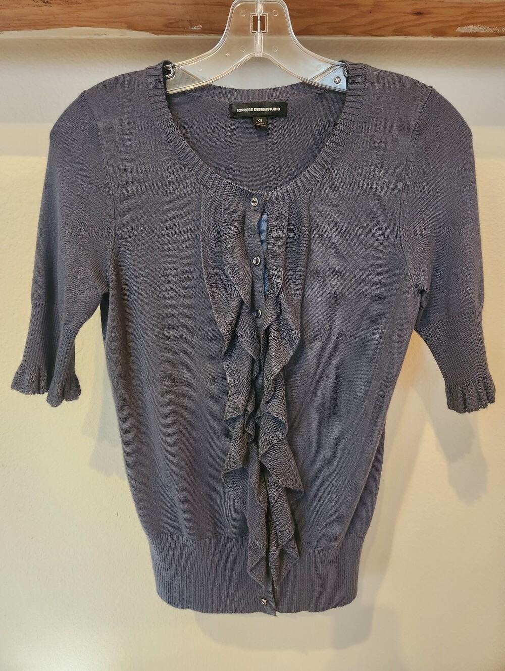 Express Gray Ruffle-Front Short Sleeve Sweater With Matching Camisole